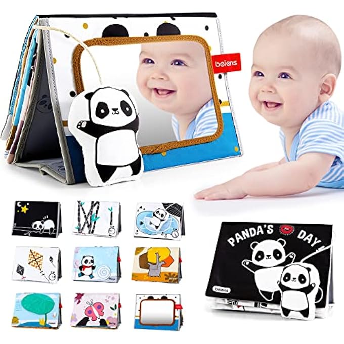 SOFT BABY BOOKS, PANDA HIGH CONTRAST BLACK WHITE BOOKS, TOUCH AND FEEL NON-TOXIC CRINKLE CLOTH BOOKS WITH TUMMY TIME MIRROR, ACTIVITY DEVELOPMENT FLOOR TOYS GIFTS FOR NEWBORN, INFANT - Image 1