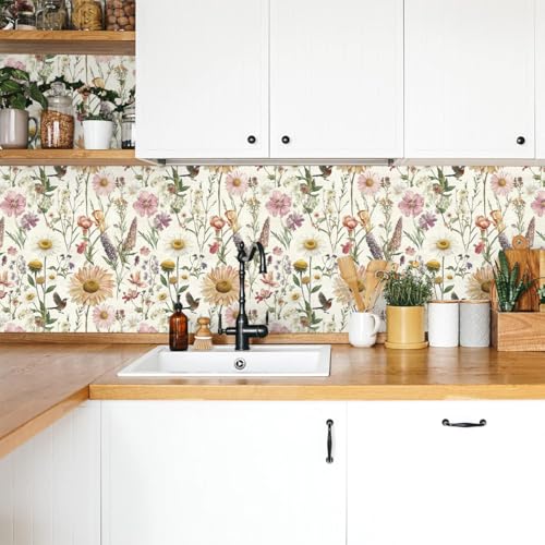 Livebor Floral Peel and Stick Wallpaper Floral Bird Contact Paper 16.9inch x 118.1inch Vintage Flower Wallpaper Peel and Stick Self Adhesive Flower Contact Paper Botanical Decor for Bathroom Vinyl - Image 5
