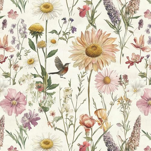 Livebor Floral Peel and Stick Wallpaper Floral Bird Contact Paper 16.9inch x 118.1inch Vintage Flower Wallpaper Peel and Stick Self Adhesive Flower Contact Paper Botanical Decor for Bathroom Vinyl - Image 1
