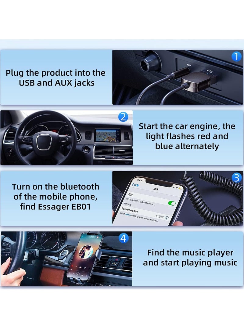 سايلتو محول AUX بلوتوث للسيارة، مستقبل بلوتوث 5.0 مع خاصية إلغاء الضوضاء، محول صوت USB إلى مقبس 3.5 ملم لنقل الموسيقى بجودة عالية، مزود بميكروفون مدمج للاستخدام مع أنظمة السيارة/السماعات المنزلية/المكالمات بدون استخدام اليدين. - Image 3