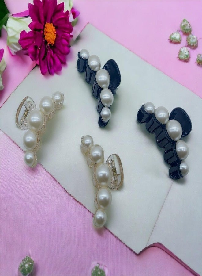 JWELLA Set of 4 Elegant Pearl Hair Claw Clips for Women - Sophisticated Black and White Acrylic Hair Clips for Stylish Hairdos - Image 5