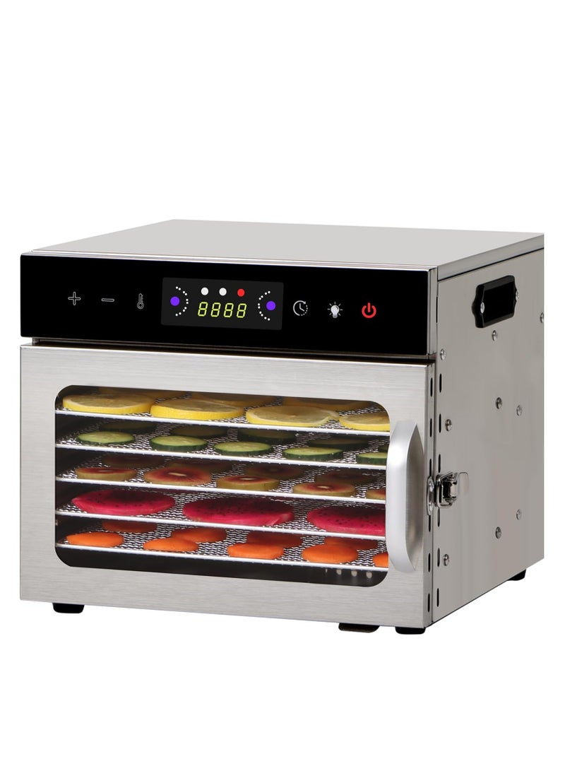 شو وو مجفف طعام، 6 صواني من الفولاذ المقاوم للصدأ، مجففات للطعام واللحوم المقددة والأعشاب والفواكه، جهاز تجفيف مزود بمؤقت رقمي وتحكم في درجة الحرارة وحماية من الحرارة الزائدة - Image 1