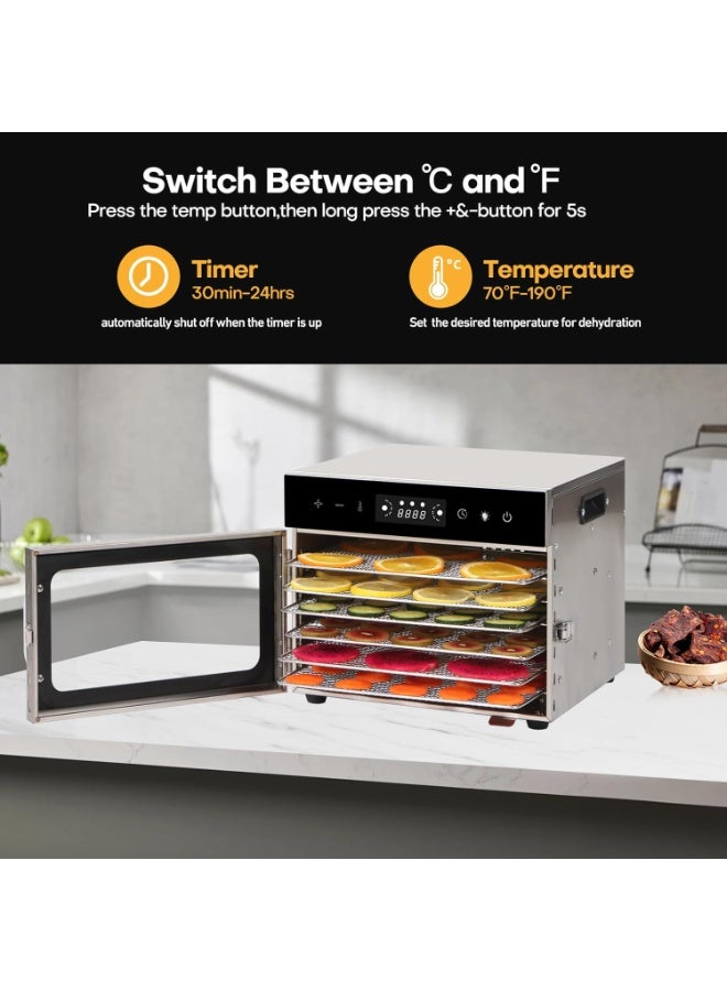 شو وو مجفف طعام، 6 صواني من الفولاذ المقاوم للصدأ، مجففات للطعام واللحوم المقددة والأعشاب والفواكه، جهاز تجفيف مزود بمؤقت رقمي وتحكم في درجة الحرارة وحماية من الحرارة الزائدة - Image 2