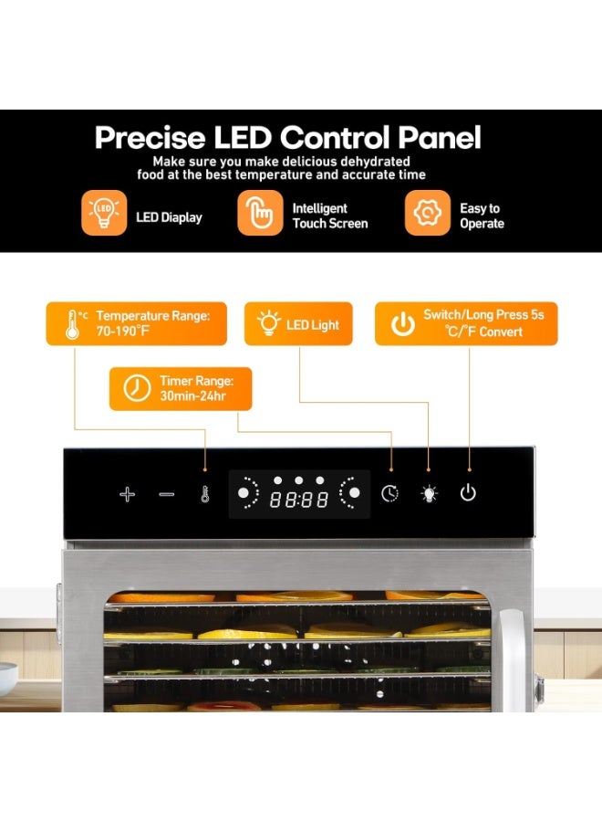 شو وو مجفف طعام، 6 صواني من الفولاذ المقاوم للصدأ، مجففات للطعام واللحوم المقددة والأعشاب والفواكه، جهاز تجفيف مزود بمؤقت رقمي وتحكم في درجة الحرارة وحماية من الحرارة الزائدة - Image 3