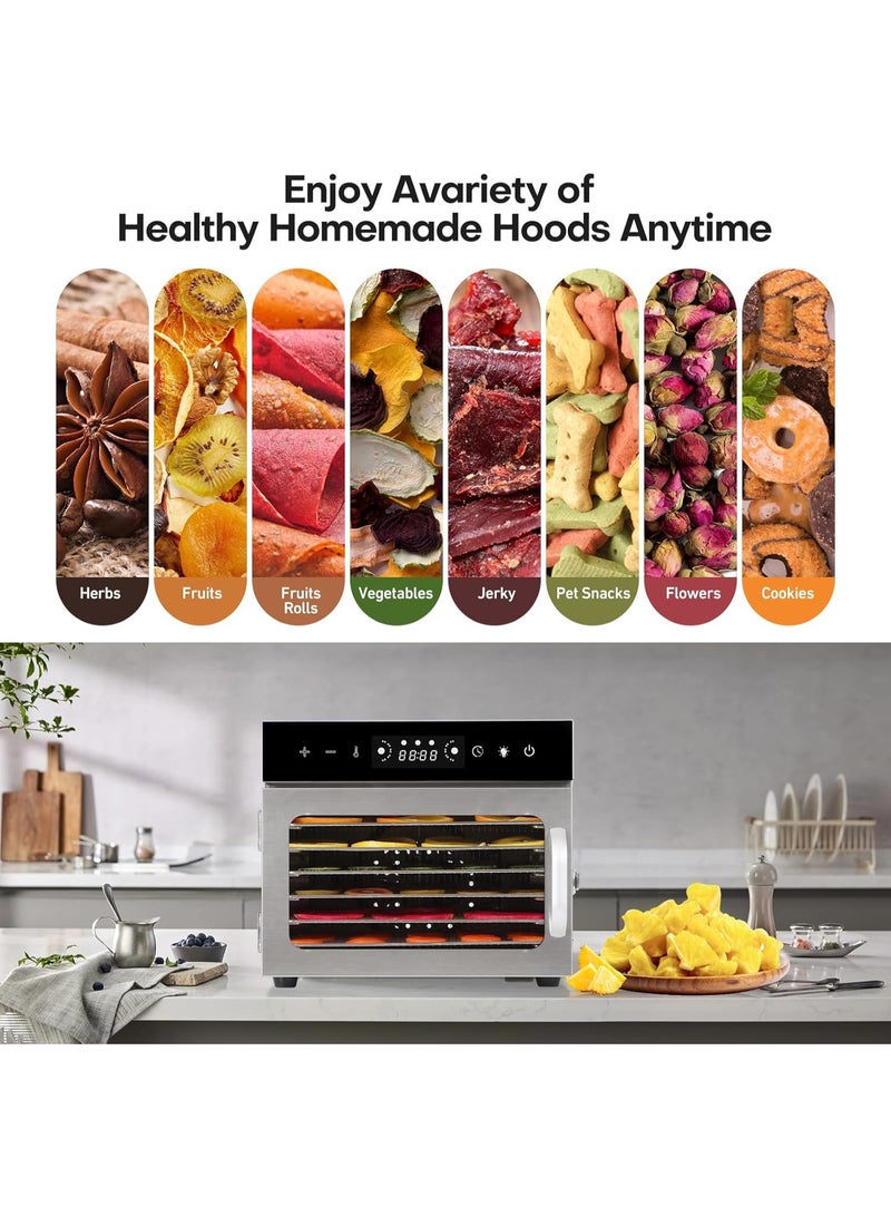 شو وو مجفف طعام، 6 صواني من الفولاذ المقاوم للصدأ، مجففات للطعام واللحوم المقددة والأعشاب والفواكه، جهاز تجفيف مزود بمؤقت رقمي وتحكم في درجة الحرارة وحماية من الحرارة الزائدة - Image 5