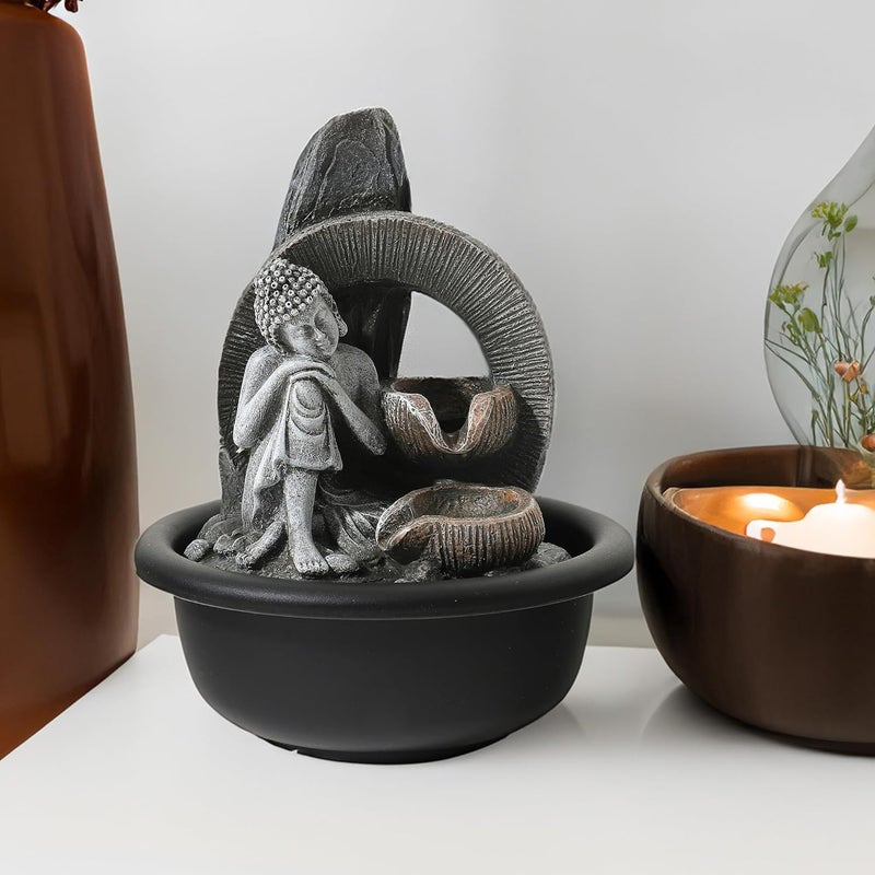 Kuber Industries Polyresin Buddha Fountain for Home Decor with LED Lights 16x16x19cm Tabletop Fountain Living RoomHallOfficeGarden Dcor Gifting Grey Color - Image 1