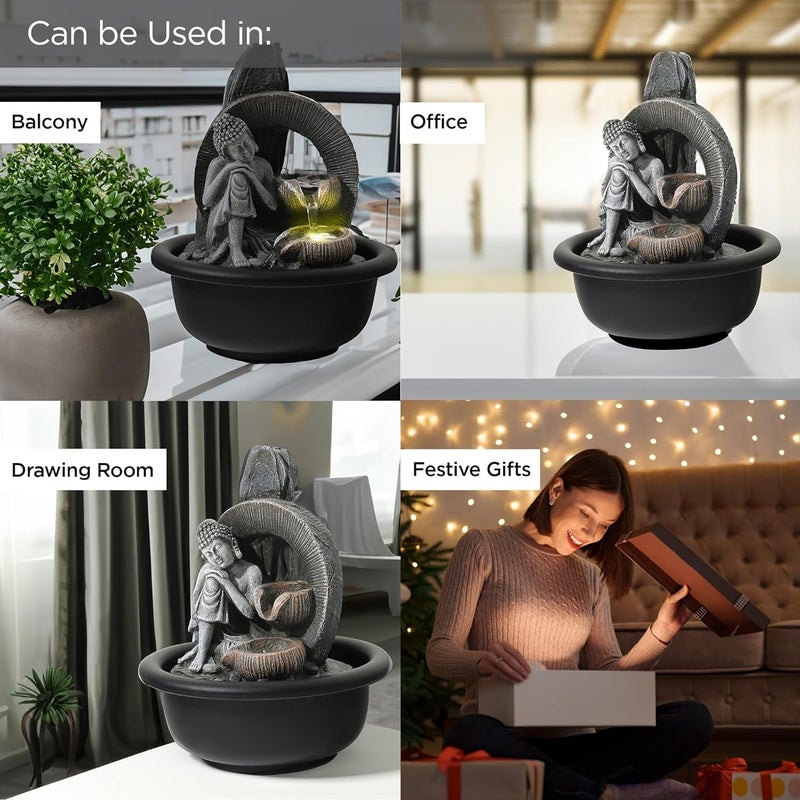 Kuber Industries Polyresin Buddha Fountain for Home Decor with LED Lights 16x16x19cm Tabletop Fountain Living RoomHallOfficeGarden Dcor Gifting Grey Color - Image 5