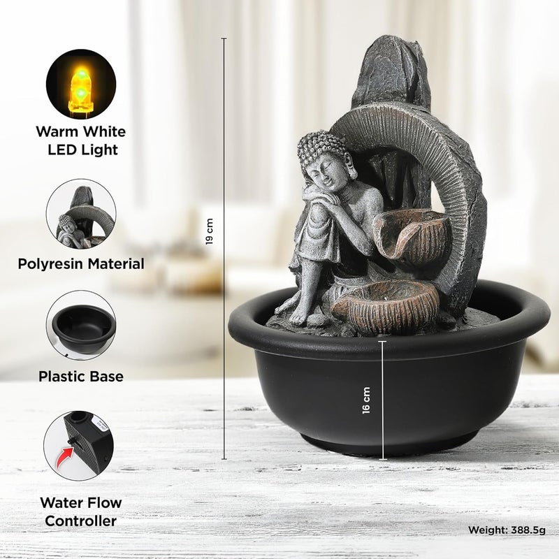 Kuber Industries Polyresin Buddha Fountain for Home Decor with LED Lights 16x16x19cm Tabletop Fountain Living RoomHallOfficeGarden Dcor Gifting Grey Color - Image 3