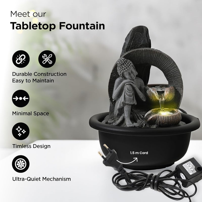 Kuber Industries Polyresin Buddha Fountain for Home Decor with LED Lights 16x16x19cm Tabletop Fountain Living RoomHallOfficeGarden Dcor Gifting Grey Color - Image 2