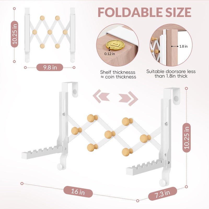BAKON Over The Door Hanger for Laundry, Collapsible Over Door Hooks Foldable Clothes Drying Rack with 7 Wood Hooks for Hanging Clothes Coat, Door Hooks Towel Rack for Bedroom Dorm Bathroom Living Room - Image 2