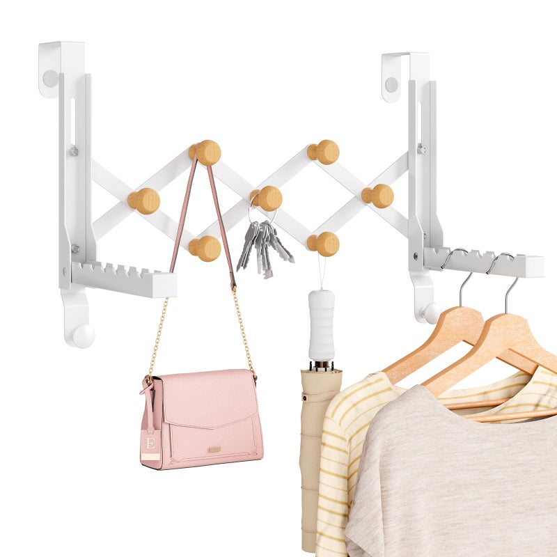 BAKON Over The Door Hanger for Laundry, Collapsible Over Door Hooks Foldable Clothes Drying Rack with 7 Wood Hooks for Hanging Clothes Coat, Door Hooks Towel Rack for Bedroom Dorm Bathroom Living Room - Image 1