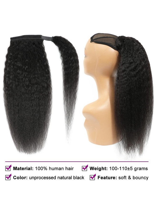 Adette 20 Inches 100% Human Hair Yaki Kinky Straight Ponytail Natural Black Color Wrap Around Ponytail Hair Extensions Magic Paste Ponytail With Comb Clip In Yaki Pony Tails For Black Woman - Image 2
