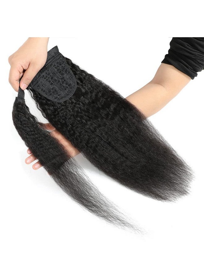 Adette 20 Inches 100% Human Hair Yaki Kinky Straight Ponytail Natural Black Color Wrap Around Ponytail Hair Extensions Magic Paste Ponytail With Comb Clip In Yaki Pony Tails For Black Woman - Image 1
