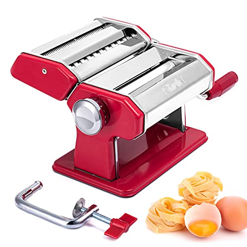 Shule Shule Pasta Maker Machine Stainless Steel Adjustable Pasta Roller and Cutter for Tagliattelle Linguine Lasagna Noodles Classic Red 