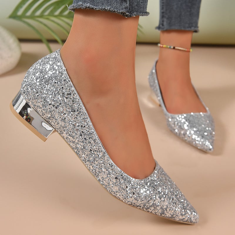 Fashion Large Size Sequin Pointed Toe Womens Shoes Fall 2024 Silver 