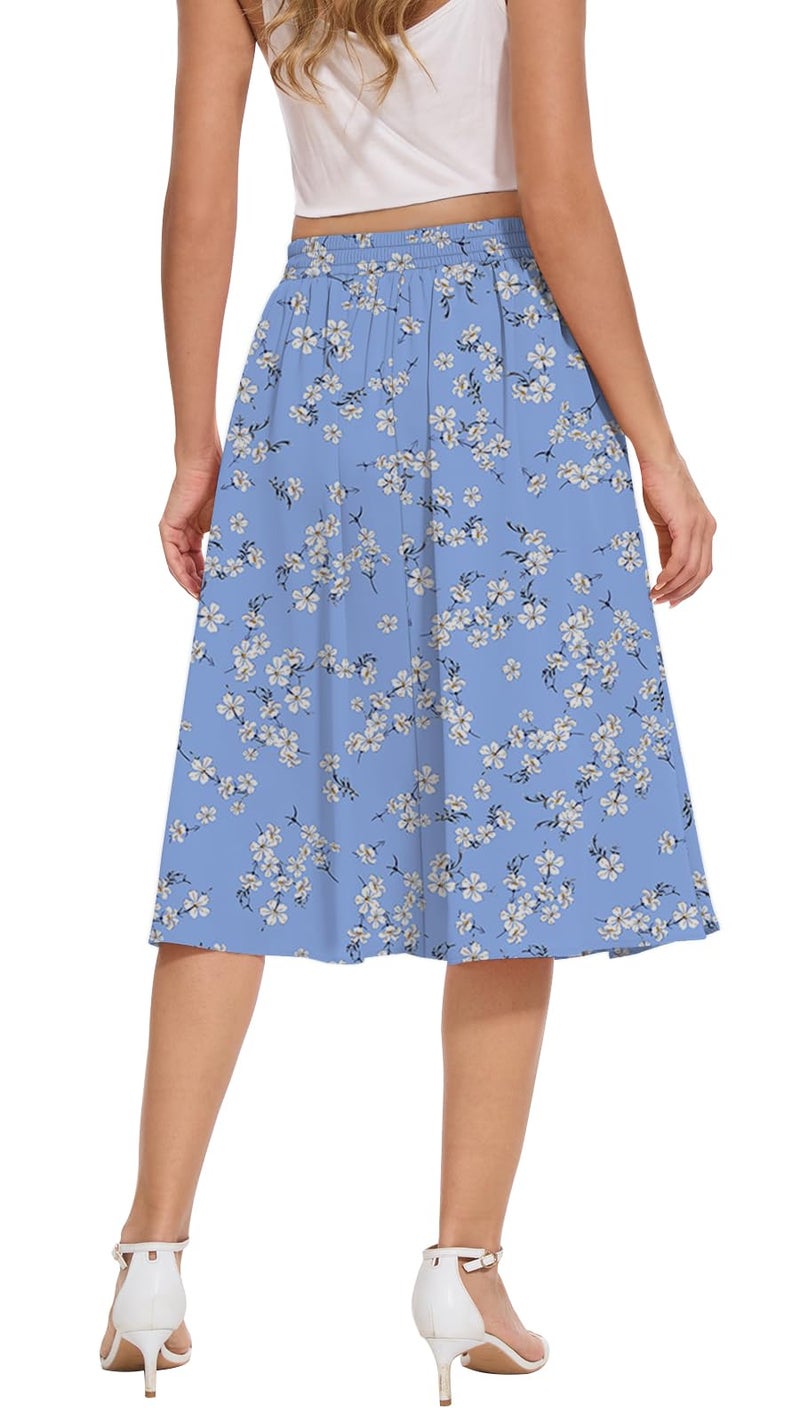 Yincro Women's Flowy Midi Skirt Summer Pleated High Waisted Casual Button Front Skirts with Pockets (Blue White Flower, L) - Image 2