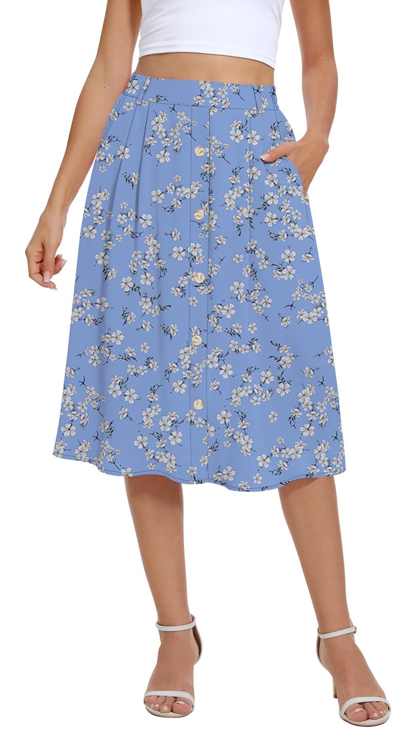 Yincro Women's Flowy Midi Skirt Summer Pleated High Waisted Casual Button Front Skirts with Pockets (Blue White Flower, L) - Image 1