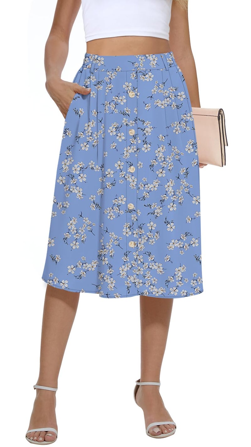 Yincro Women's Flowy Midi Skirt Summer Pleated High Waisted Casual Button Front Skirts with Pockets (Blue White Flower, L) - Image 4