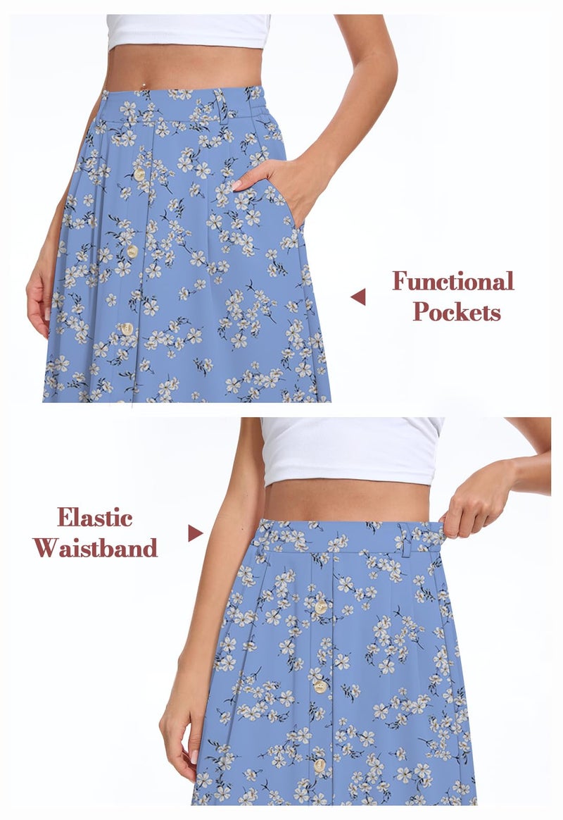 Yincro Women's Flowy Midi Skirt Summer Pleated High Waisted Casual Button Front Skirts with Pockets (Blue White Flower, L) - Image 5