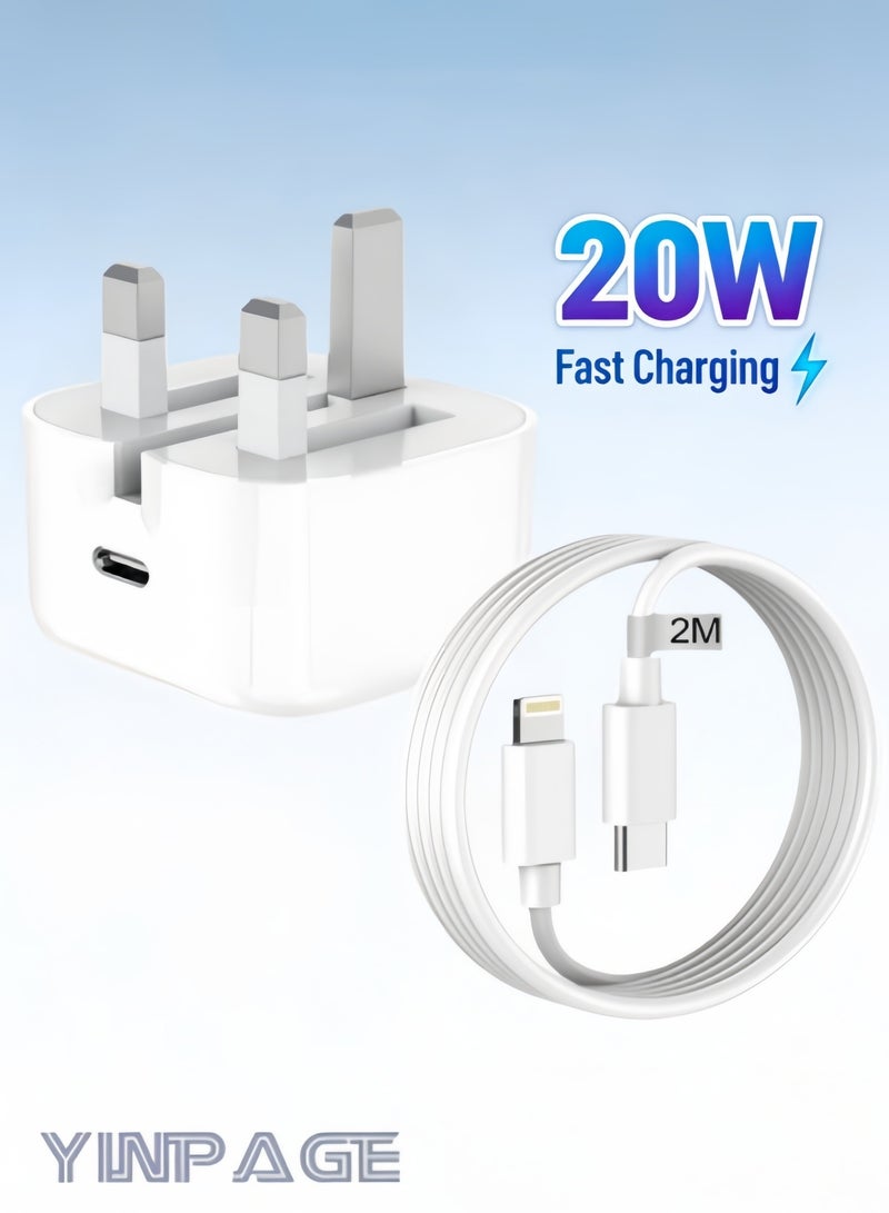 YINPAGE 20W PD Wall Charger Set, 2M USB-C to Lightning Fast Charging Cable Compatible with iPhone 14,13,12,11,XR,X, iPad SE - Image 1