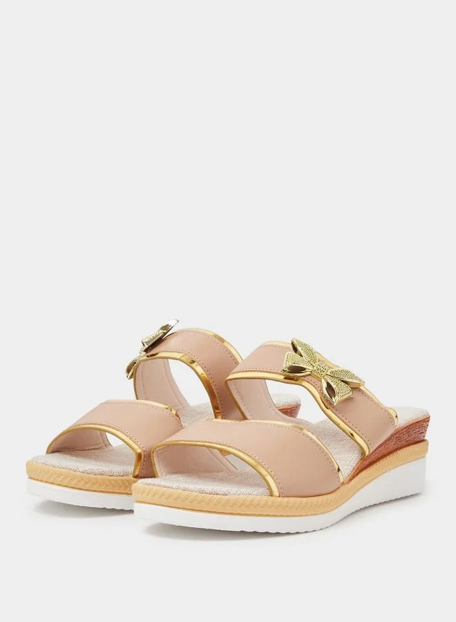Beige Wedge Sandals with Golden Butterfly Detail