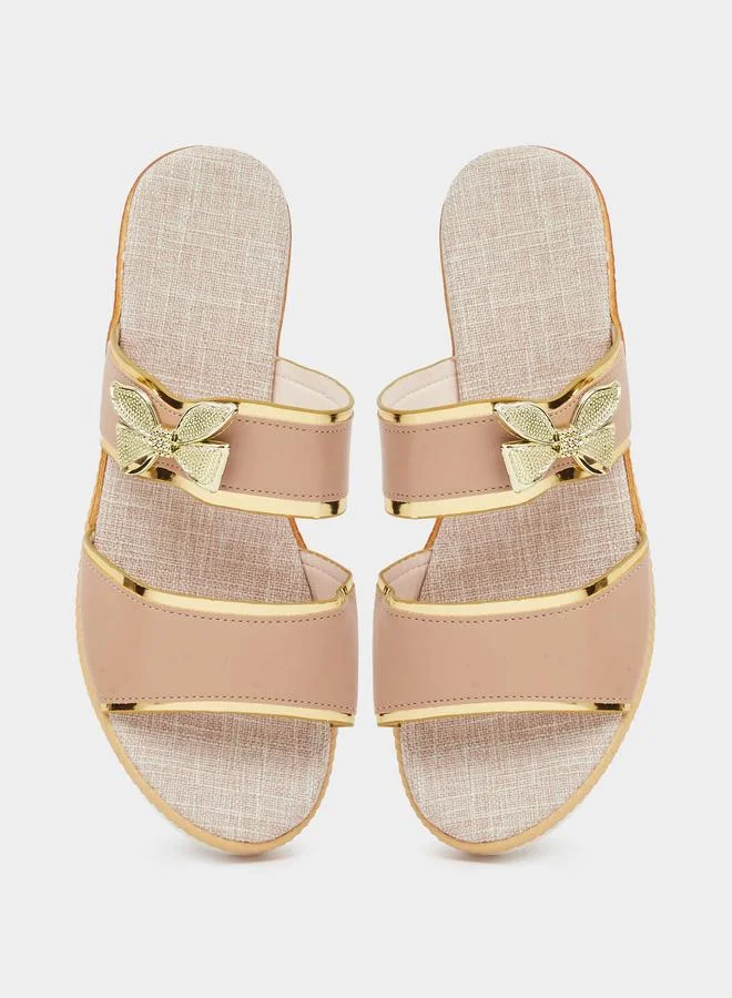 Take Two  Beige Wedge Sandals with Golden Butterfly Detail for Women | Best Price UAE