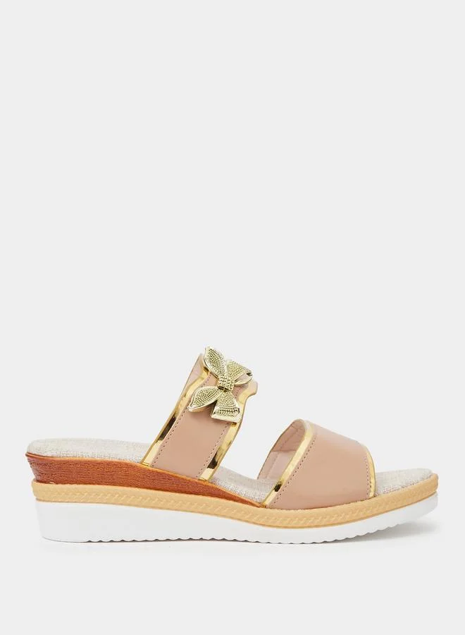 Take Two  Beige Wedge Sandals with Golden Butterfly Detail for Women | Best Price UAE