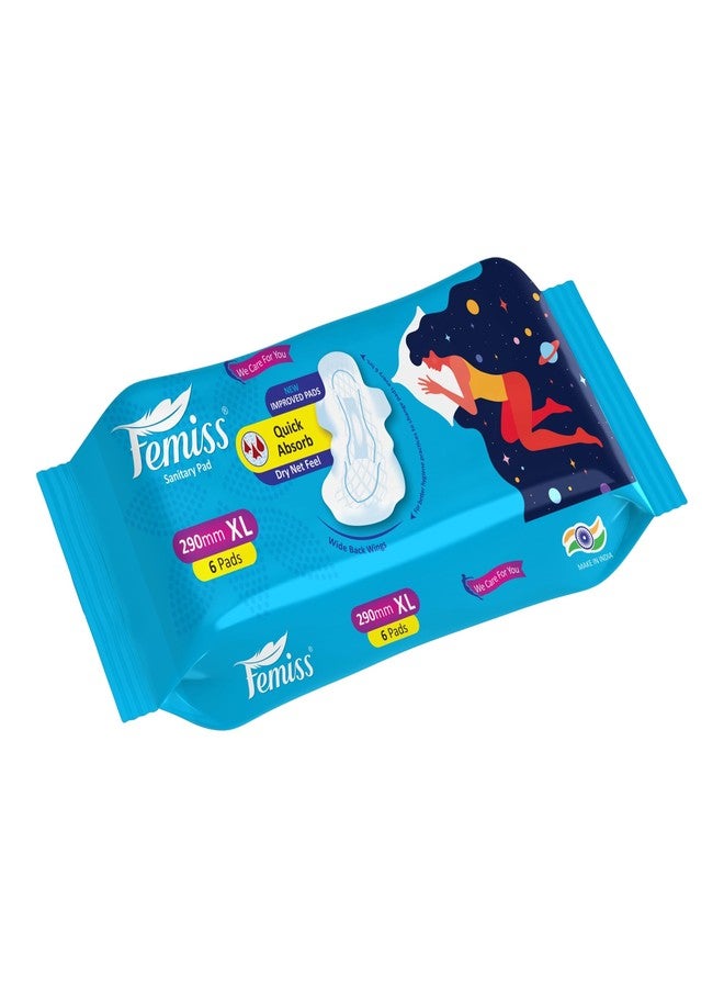 Femiss Soft & Rash Free Sanitary Pads for Women and Girls|Quick Absorption|Heavy Flow Champion|Leakage-Proof|Skin Friendly Trifold pads(XL-Size, 290 MM, 6 PCS, Pack of 1) - Image 1