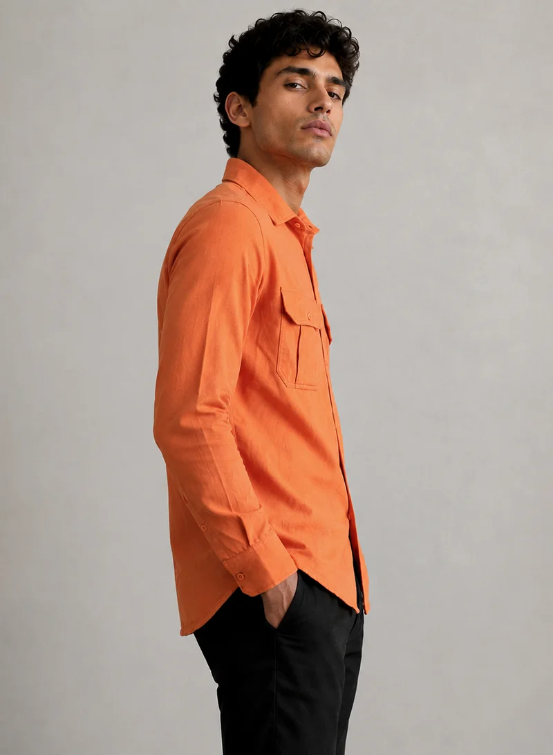 CAHOOT Men's Orange Plain/Basic Regular Shirt For Casual Wear | Collared Neck | Long Sleeve | Button Closure | Cotton Shirt Crafted With Comfort Fit For Everyday Wear