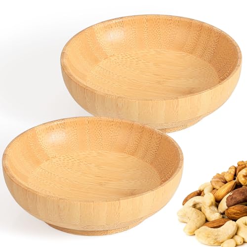 ZTHapwa Small Bamboo Wooden Bowls Set of 2, Round Shallow Serving Bowls for Charcuterie/Fruit/Candy, 4 Inch Handmade Dipping Dishes for Spice/Salsa/Tomato Sauce - Image 1