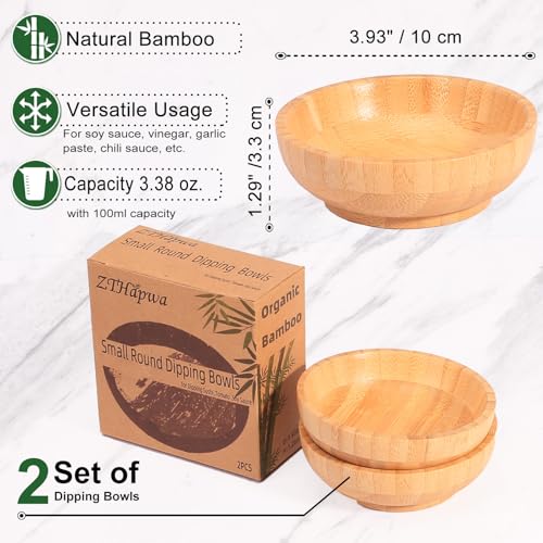 ZTHapwa Small Bamboo Wooden Bowls Set of 2, Round Shallow Serving Bowls for Charcuterie/Fruit/Candy, 4 Inch Handmade Dipping Dishes for Spice/Salsa/Tomato Sauce - Image 2