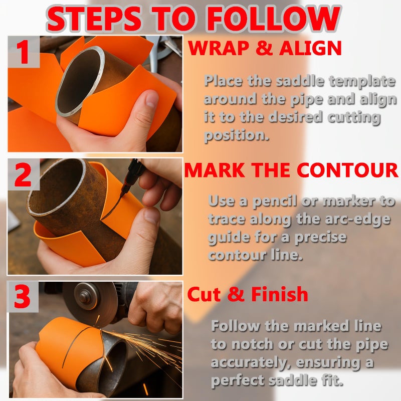 Pipe Cutting Positioner: 10-Piece Orange Synthetic Leather Set - Accurate Saddle Cuts In Seconds Precision Pipe Socket Template for Professional Plumbers and DIY Enthusiasts in Plumbing Installation P - Image 5
