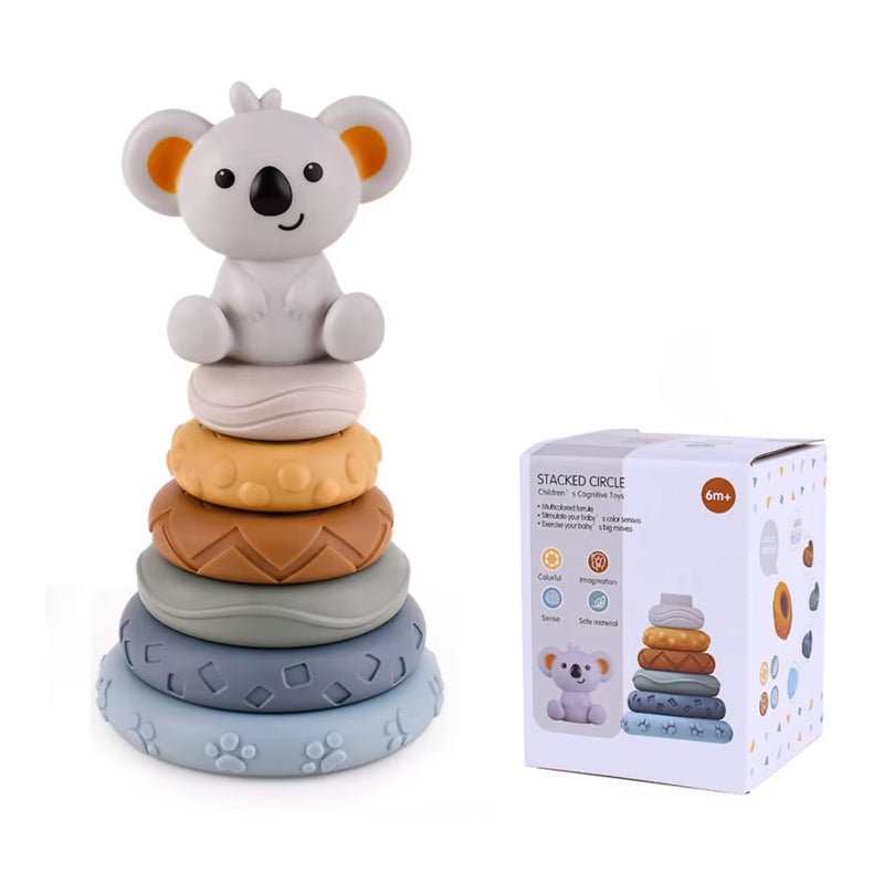 Infant Educational Toy: Safe Soft Rubber Teether - Koala-Shaped Multi-Color Textured Rings, Embossed Patterns, Interactive Sound for Sensory Cognitive Development, Hand-Eye Coordination for Teething B - Image 1