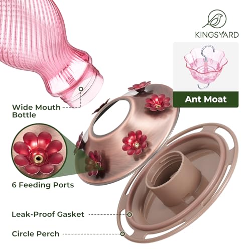 Kingsyard Glass Hummingbird Feeders for Outdoors 24 oz Hummingbird Nectar Feeder for Outdoors Garden Yard Dcor 6 Feeding Ports Ant Moat Included Easy to Clean Refill Pale Pink - Image 3