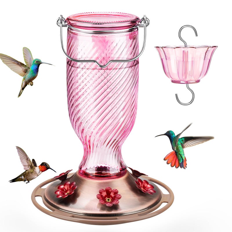 Kingsyard Glass Hummingbird Feeders for Outdoors 24 oz Hummingbird Nectar Feeder for Outdoors Garden Yard Dcor 6 Feeding Ports Ant Moat Included Easy to Clean Refill Pale Pink - Image 2