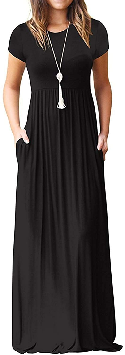 DEARCASE Maxi Dress for Women Black Medium Crewneck Short Sleeves Wedding Guest A-line Casual Party Vintage Spring Summer Beach Long Dresses with Pockets - Image 1