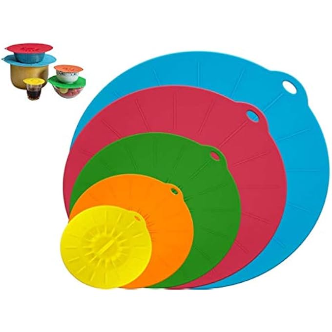 Hitopin Silicone Lids 5 Pieces Different Sizes Fresh Silicone Lids For Bowls Saucepans Plates Cups Ovens Fridges Blue Red Green Yellow Orange - Image 1
