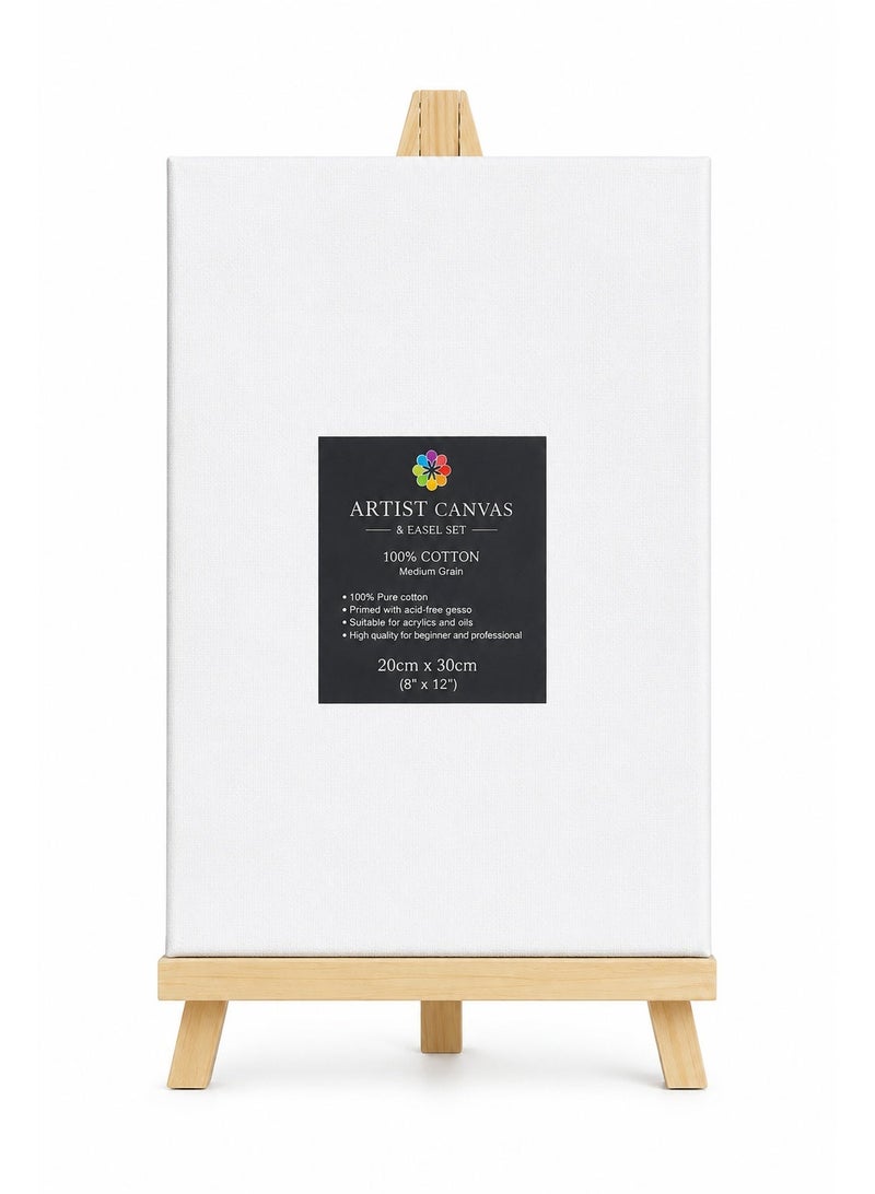 Artist Canvas & Wooden Tabletop Easel Set 20 x 30 cm, 100% Cotton Medium Grain Painting Canvas, Primed Art Board for Acrylic, Oil Painting, Sketching, Students and Beginners - Image 1