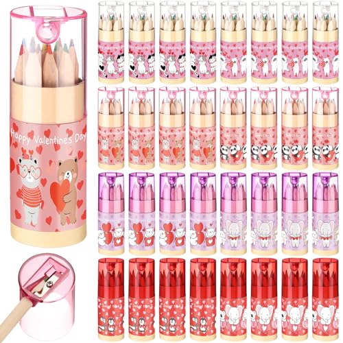 Fumete 32 Pack St. Patrick's Day Mini Colored Pencils Bulk Pink Heart Cute Paddy's Pencils with Sharpener for Classroom Exchange Gift Bulk, 12 Count in Tube - Image 5