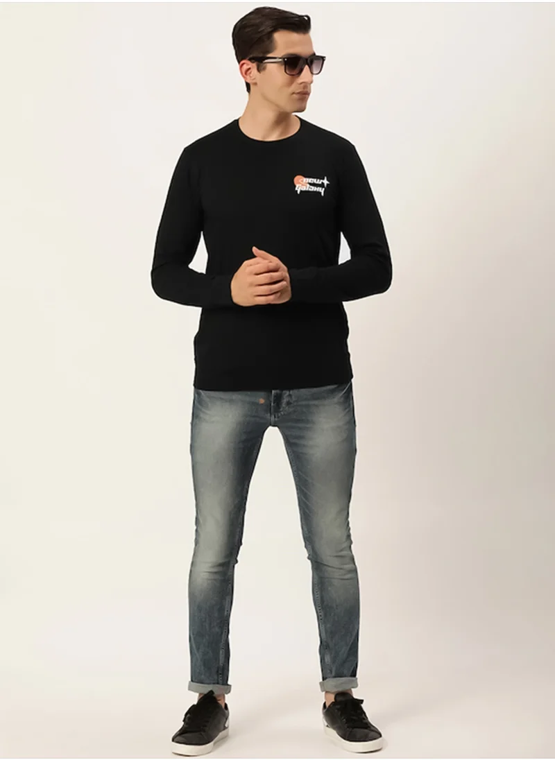 Maniac Maniac Mens Printed Round Neck Full Sleeve Cotton Black Slim Fit Tshirt