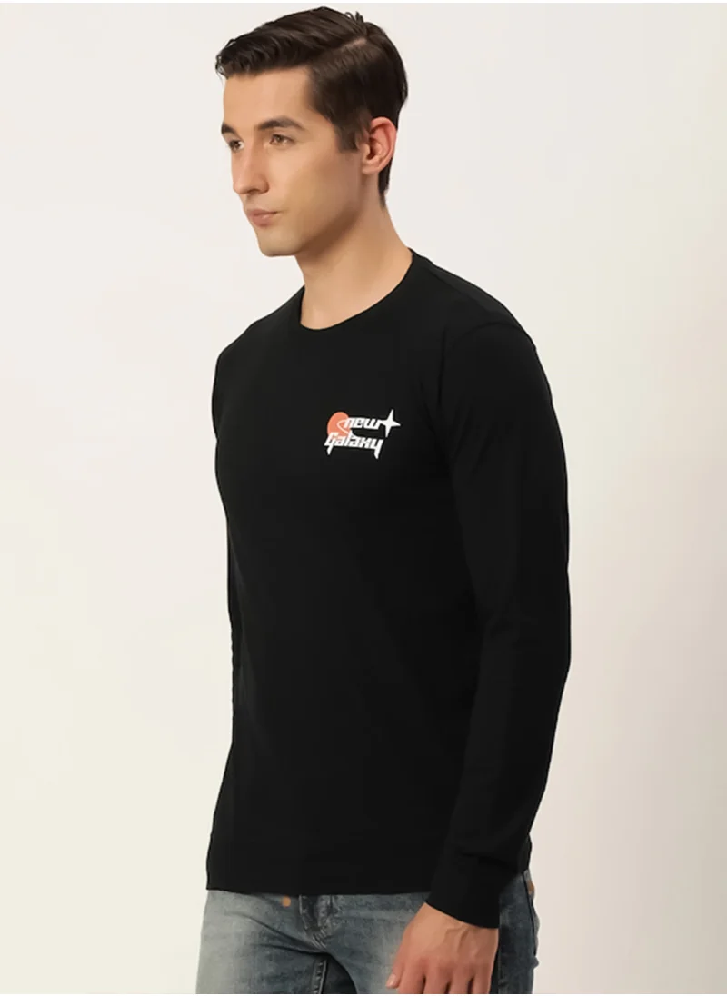 Maniac Maniac Mens Printed Round Neck Full Sleeve Cotton Black Slim Fit Tshirt