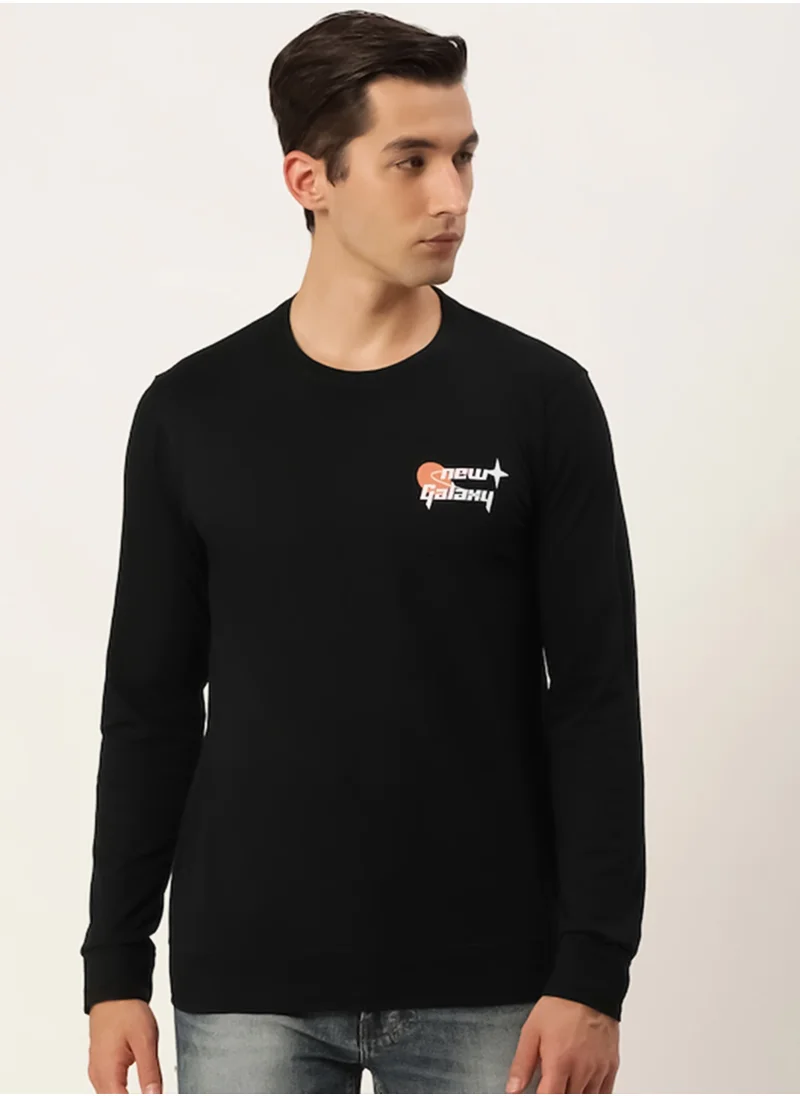 Maniac Maniac Mens Printed Round Neck Full Sleeve Cotton Black Slim Fit Tshirt