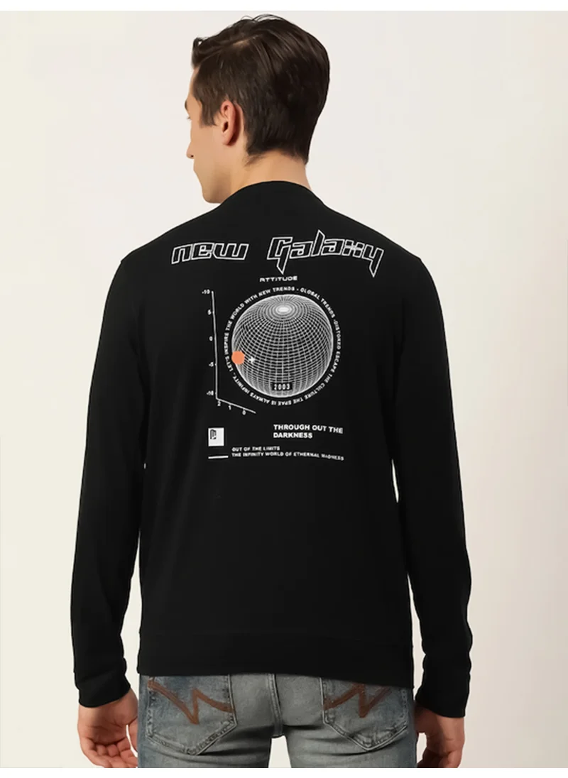 Maniac Maniac Mens Printed Round Neck Full Sleeve Cotton Black Slim Fit Tshirt