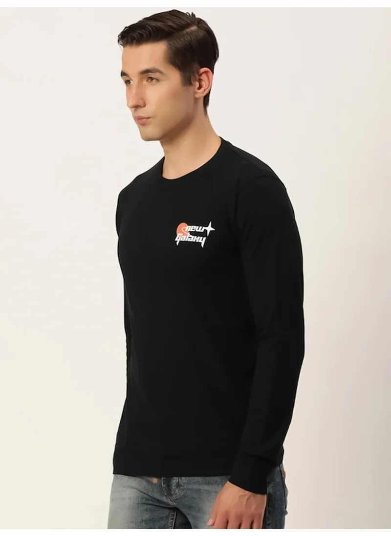 Maniac Maniac Mens Printed Round Neck Full Sleeve Cotton Black Slim Fit Tshirt