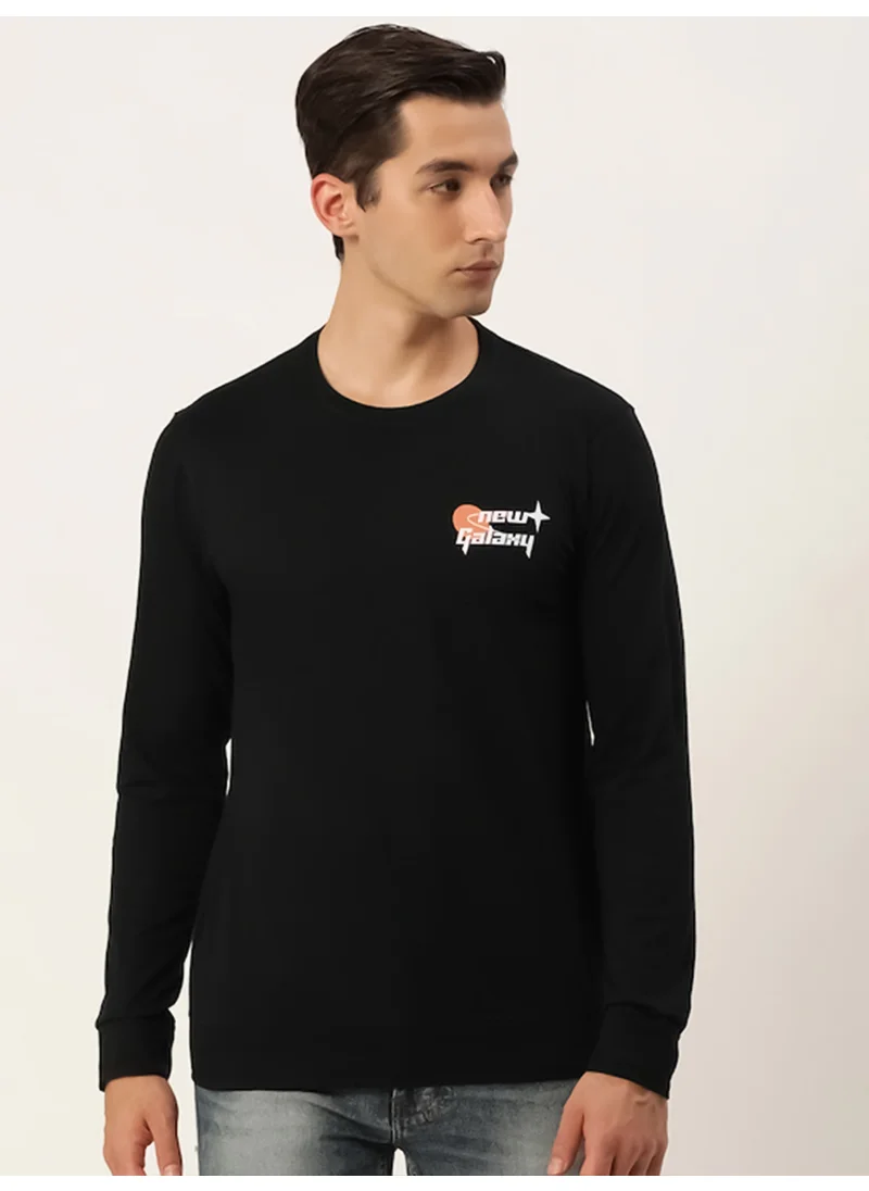 Maniac Maniac Mens Printed Round Neck Full Sleeve Cotton Black Slim Fit Tshirt