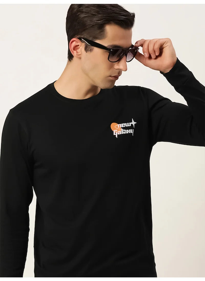 Maniac Maniac Mens Printed Round Neck Full Sleeve Cotton Black Slim Fit Tshirt