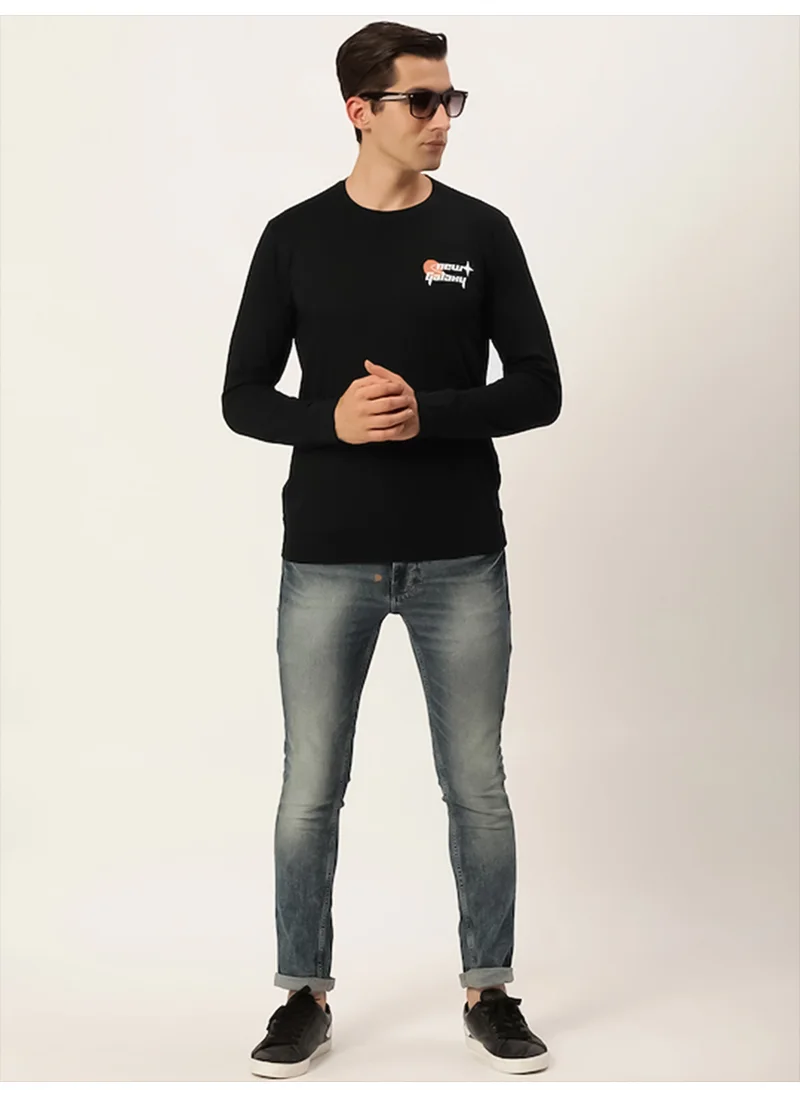 Maniac Maniac Mens Printed Round Neck Full Sleeve Cotton Black Slim Fit Tshirt