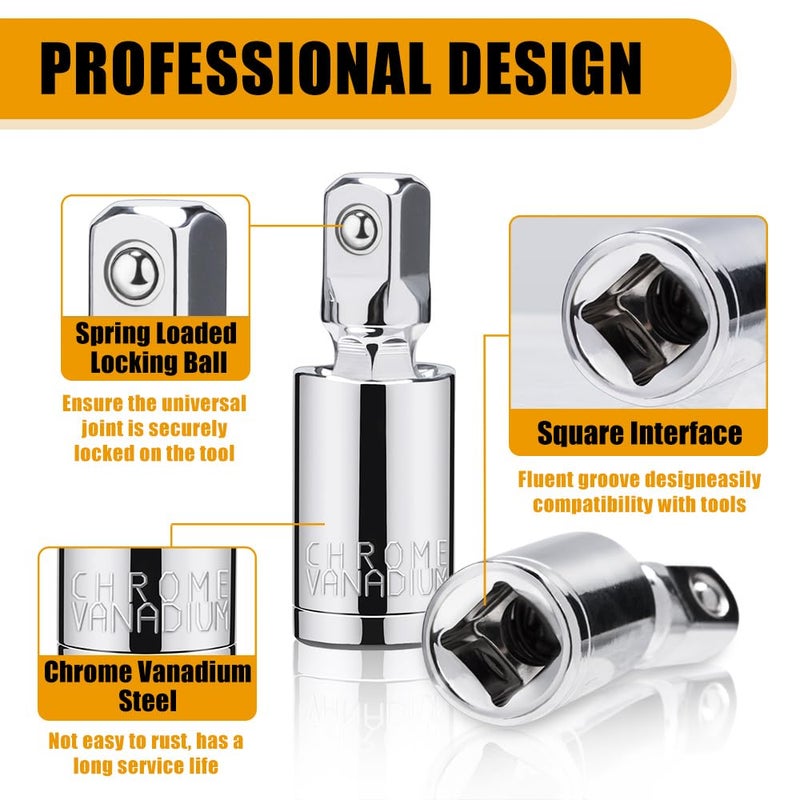Tiosamd 3PCS Universal Joint Socket Set, 1/4â€ 3/8â€ 1/2â€ Drive Swivel Socket Adapter Set, Premium Chrome Vanadium Steel Universal Joint Socket Adapter Suitable for Narrow Spaces- Tiosamd - Image 3