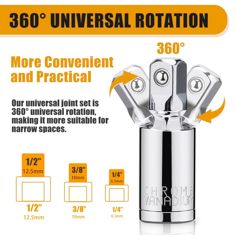 Tiosamd 3PCS Universal Joint Socket Set, 1/4â€ 3/8â€ 1/2â€ Drive Swivel Socket Adapter Set, Premium Chrome Vanadium Steel Universal Joint Socket Adapter Suitable for Narrow Spaces- Tiosamd - Image 4