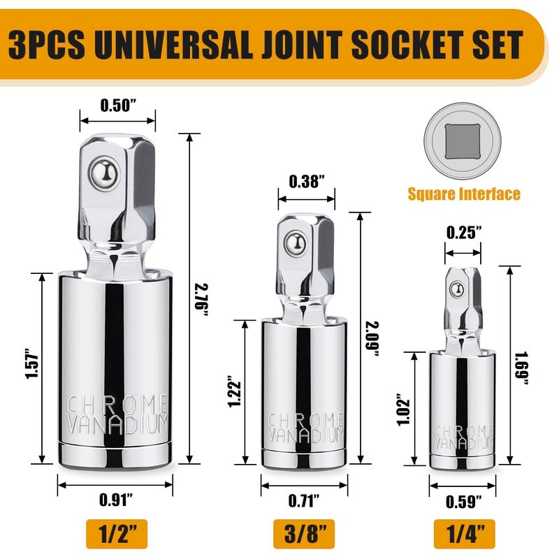 Tiosamd 3PCS Universal Joint Socket Set, 1/4â€ 3/8â€ 1/2â€ Drive Swivel Socket Adapter Set, Premium Chrome Vanadium Steel Universal Joint Socket Adapter Suitable for Narrow Spaces- Tiosamd - Image 2